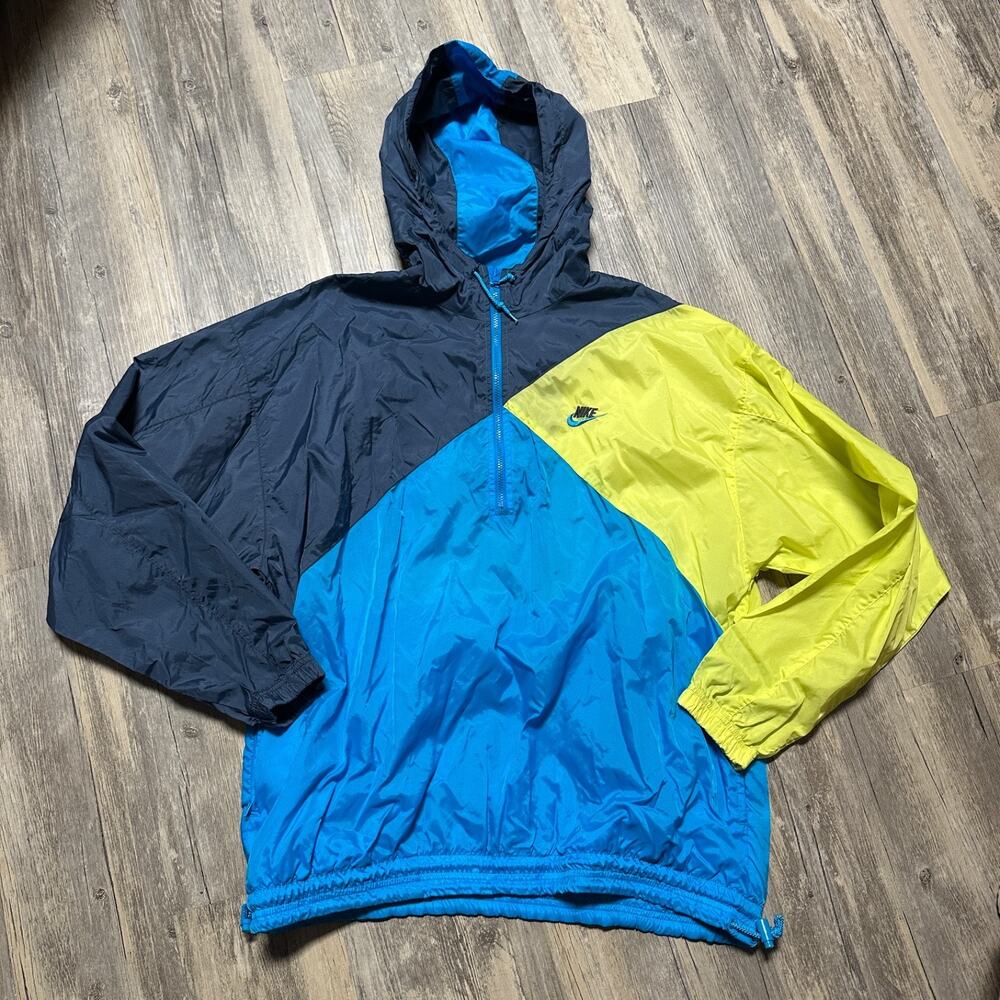 Vtg 90s Nike Windbreaker Jacket - Grey Tag - 1/2 Zip Colorblock Blue Green XL